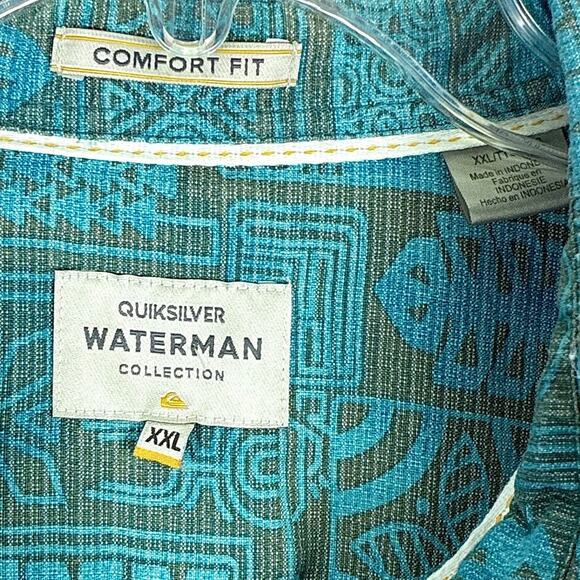 QuikSilver Waterman Hawaiian Camp Shirt Mens XXL Green Gray Aztec AOP Aloha - Picture 6 of 8